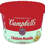 A transparent image of a microwaveable Campbell's Chicken Noodle Soup bowl, pixelated slightly due to being dithered.