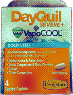 A transparent image of a DayQuil Severe + VapoCool medicine packet, pixelated slightly due to being dithered.