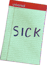 A transparent image of a small memo pad, across which is the word SICK written in all black capital letters, pixelated slightly due to being dithered.