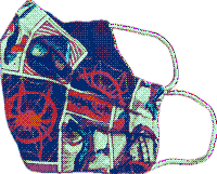 A transparent image of a folded fabric face mask, with several small comic squares of Spider-Verse Spider-Men across it, pixelated slightly due to being dithered.